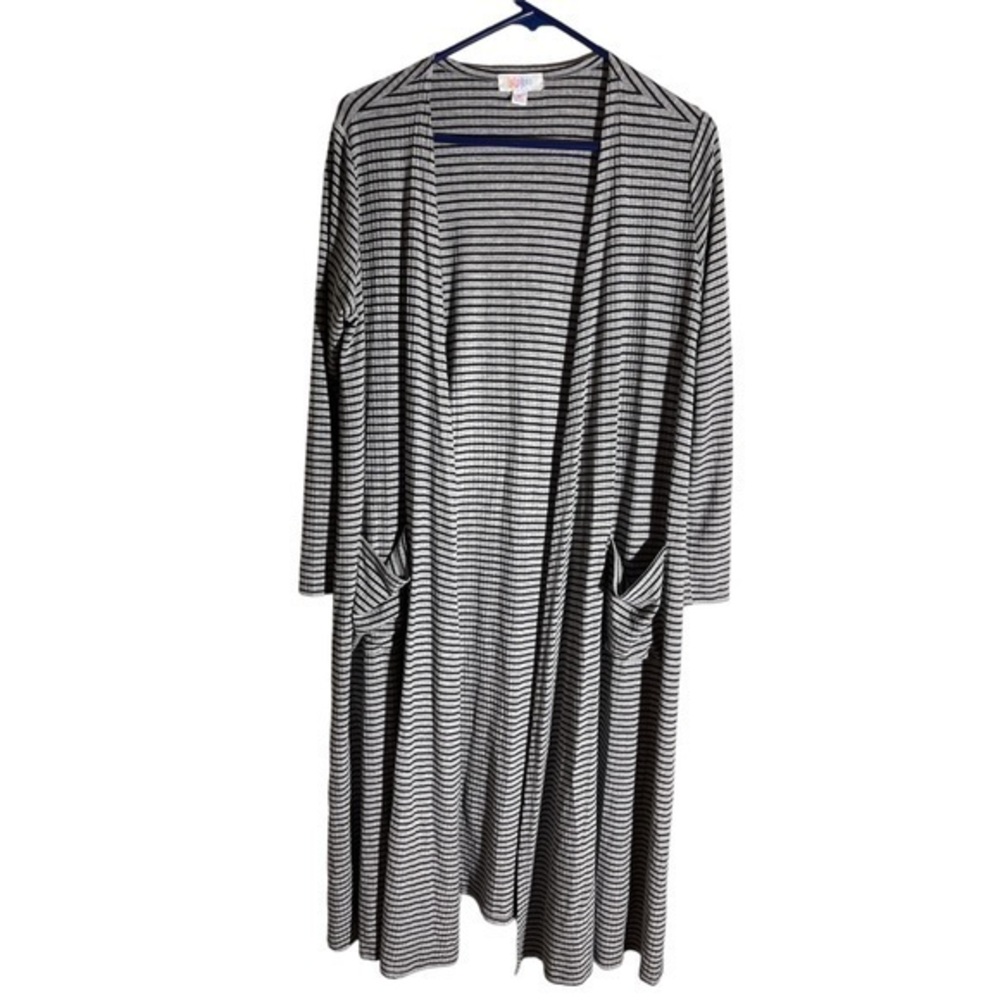 Lularoe Sarah Duster Kimono Black Gray Stripe Size Med EUC/NC #1998